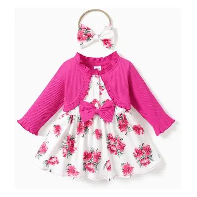 2pcs Baby Girl Frill Ribbed Splicing Floral Print Faux-two Long-sleeve Dress with Headband Set