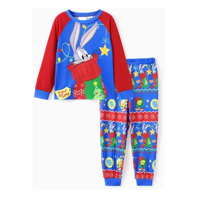 Looney Tunes Family Matching Christmas Character Print Contrasted Long-sleeve Pajamas Set(Flame 