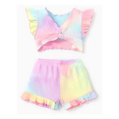 2pcs Baby Girl Tie Dye Twist Knot Front Flutter-sleeve Top and Ruffle Trim Shorts Set