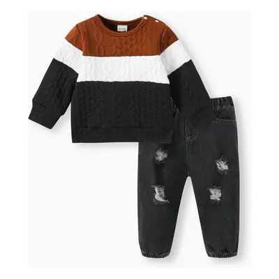 2pcs Baby Boy 95% Cotton Ripped Jeans and Textured Colorblock Long-sleeve Sweatshirt Set