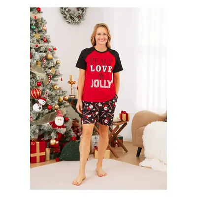 Christmas Family Matching Short Sleeves Peace Love & Jolly Pajamas Sets with Drawstring and Pock