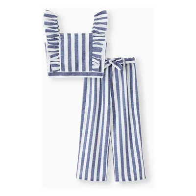 2Pcs Kid Girl Stripe Ruffled Tank Top and Pants Set