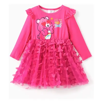 Care Bear Toddler Girl 1pc Character Print Ruffled Long-sleeve 3D Floral/Butterfly Tulle Dress