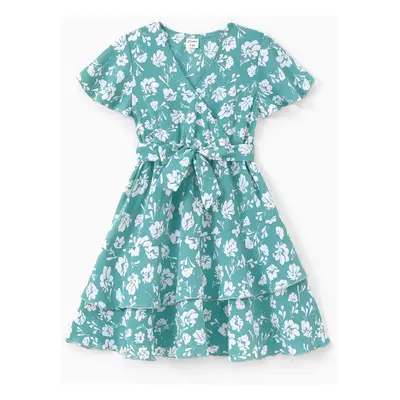 Mommy and Me Ruffle Sleeves Belted Blue Ditsy Floral Pattern Tiered Dress with Hidden Snap