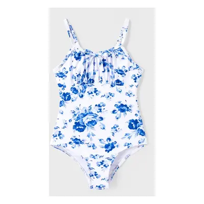 Family Matching Color Block Drawstring Swim Trunks or Floral Ruched One-Piece Swimsuit