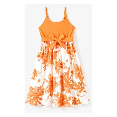 Family Matching Orange Tee and Cami Top Spliced Belted Dress Sets