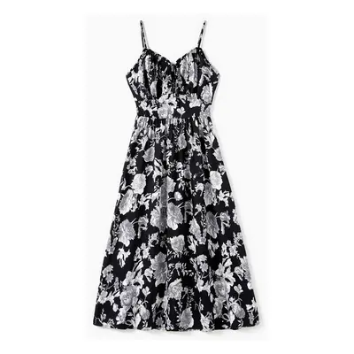 Mommy and Me Black Floral Tie Neck Ruched Bust Sateen Slip Dress