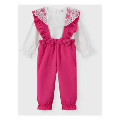 2pcs Baby Girl Lace Ruffle Long-sleeve Top and Bow Decor Overalls Set