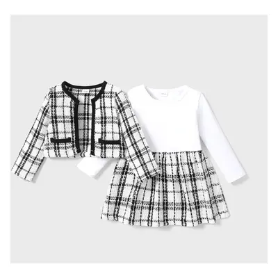 2-piece Toddler Girl Long-sleeve White Plaid Tweed Stitching Dress and Cardigan Set