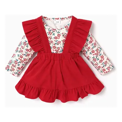 Baby 2pcs Floral Print Long-sleeve Romper and Yellow Corduroy Ruffle Suspender Skirt Set