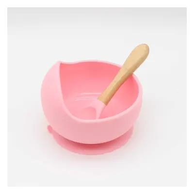 2Pcs Baby Silicone Suction Bowl and Spoon with Wood Handle Baby Toddler Tableware Dishes Self-Fe