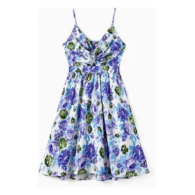 Mommy and Me Purple Floral Twist Knot Tie Back Strap Dress