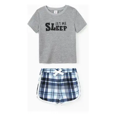 Family Matching Pajamas Sets Let Me Sleep Slogan Print Top Blue Plaid Drawstring Shorts