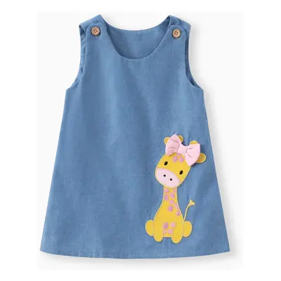 Baby Girl Giraffe Bowknot Solid Blue Denim Tank Dress