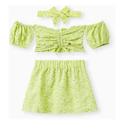 3pcs Baby Girl Green Floral Print Off Shoulder Strapless Puff-sleeve Crop Top and Skirt with Hea