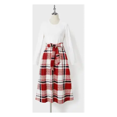 Family Matching Casual Long-sleeve Color-block Tops & Grid/Houndstooth Belted Dresses Sets