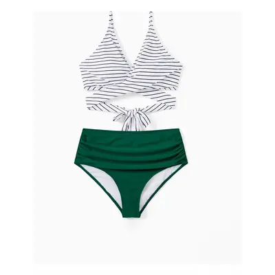 Family Matching Color Block Drawstring Swim Trunks or Stripe Cross Front Two-Piece Swimsuit (Qui