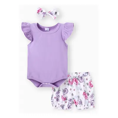 3pcs Baby Girl 95% Cotton Layered Ruffle Sleeve Romper with Floral Print Bloomers Shorts and Hea