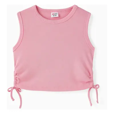 Girl's Basic Sleeveless Drawstring Tight T-Shirt in Polyester-Spandex Blend