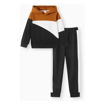 2pcs Kid Boy Colorblock Hoodie Sweatshirt and Elasticized Pants Set