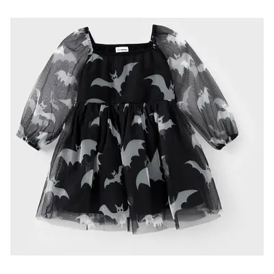 Halloween Night Family Matching Bat Print Tee or Bat Allover Pattern Half-Sleeve Tulle Dress