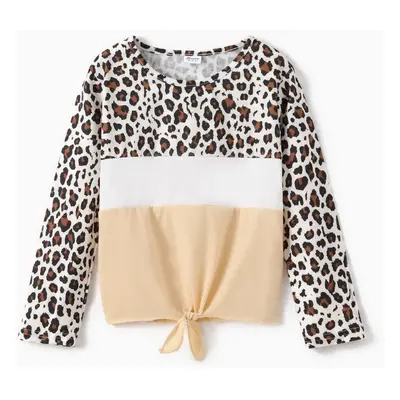 Kid Girl Leopard Print Colorblock Tie Knot Long-sleeve Tee