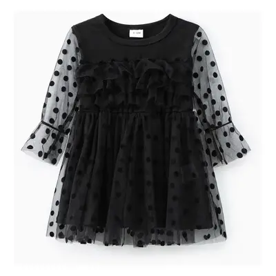 Baby Black Polka Dots Layered Ruffle Mesh Long-sleeve Tutu Dress