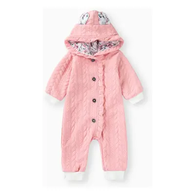 Baby Girl Bear Style 3D Ear Hooded Thickened Lined Jumpsuit