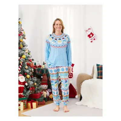 Blue Matching Christmas Pajamas Snowman Pattern Long Sleeves Family PJs Sets