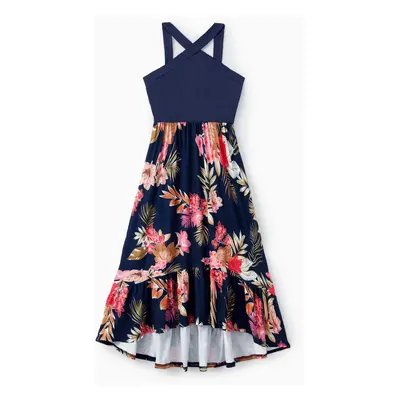 Family Matching Sets Deep Blue Tee or Cross Strap Pink Floral High-Low Ruffle Hem Dress