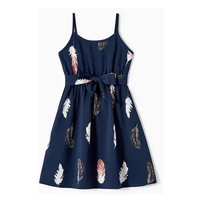 Family Matching Allover Feather Print Belted Cami Dresses and Short-sleeve Spliced Tee Sets