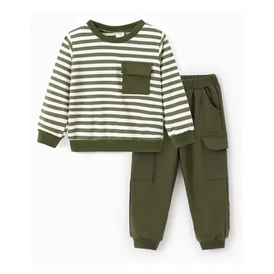 2pcs Todder Boy Cotton Stripe Set with Patch Pocket