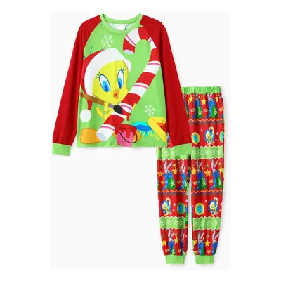 Looney Tunes Family Matching Christmas Character Print Contrasted Long-sleeve Pajamas Set(Flame 