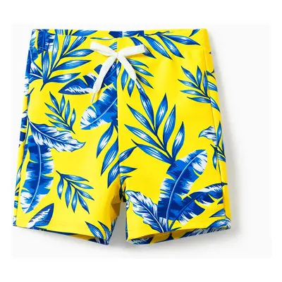 Family Matching Yellow Leaf Print Swim Trunks or Ruched Flutter Sleeve Bikini with Optional Swim