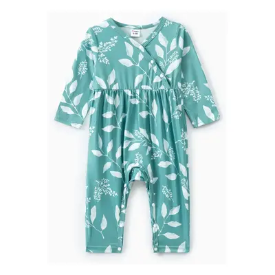 Baby Girl All Over Leaves Print Long-sleeve Snap-up Jumpsuit