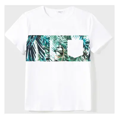 Family Matching Floral Panel Color Block Tee and Tropical Leaf Pattern Satin Swing Neck Slip Dre