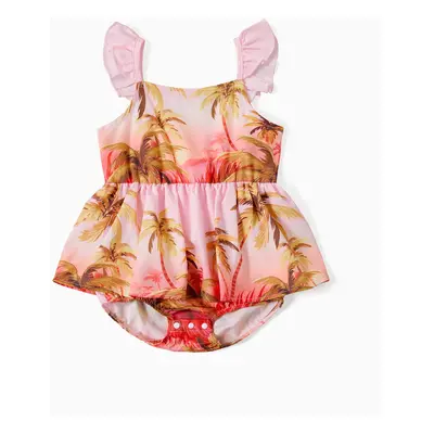 Family Matching Beach Shirt and Pink Tropical Plant Floral V Neck Bow Side Dress Sets