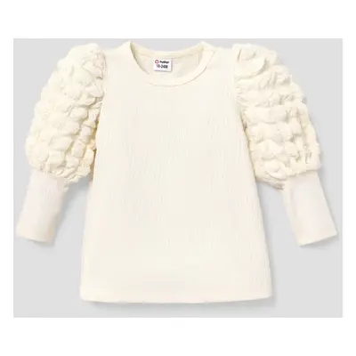 Toddler Girl Textured Ribbed Long Puff-sleeve Solid Color Tee