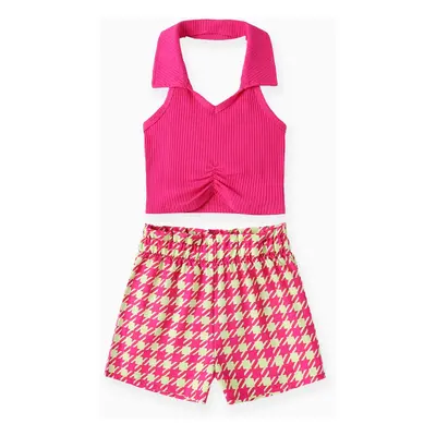 Kid Girl 2pcs Fashionable Lapel Tank Top and Grid Print Shorts Set