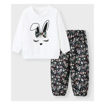 2pcs Baby Girl 95% Cotton Long-sleeve Cartoon Rabbit Print Sweatshirt and Floral Print Trousers 