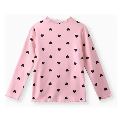 Girl's Long-sleeve Tee with Heart Print (Lettuce Trim Mock Neck)