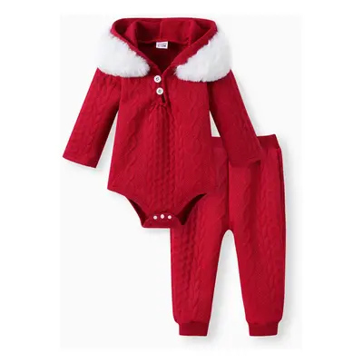 2pcs Baby Boy/Girl White Imitation Knitting Textured Spliced Faux Fur Hooded Long-sleeve Romper 