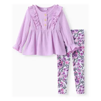 Toddler Girl 2pcs Sweet Ruffled Top and Floral Leggings Set