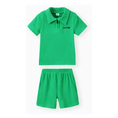 Solid Color Toddler Boy Casual 2pcs Set with Shirt Collar - Polyester Spandex Blend