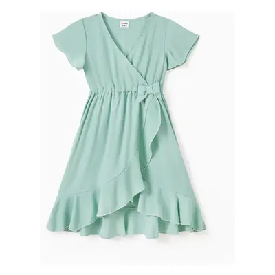 Family Matching Green Plaid Shirt or Ruffle Sleeves Bow Side Wrap Bottom Dress with Hidden Snap