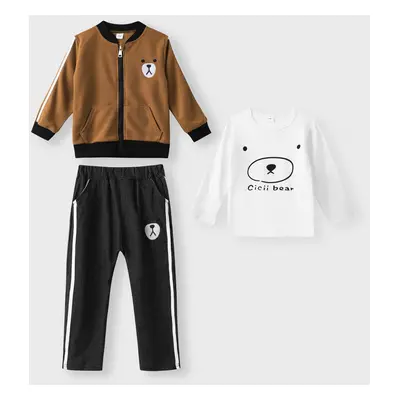 3-piece Toddler Boy Letter Bear Print White Long-sleeve T-shirt, Bomber Jacket and Elasticized P