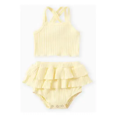 Baby Girl 2pcs Double Cross Sling Crop Camisole and Ruffled Shorts Set