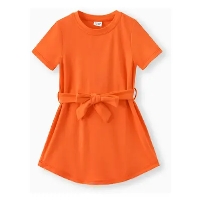 Toddler Girl Solid Curved Hem Short-sleeve Belted Dress