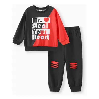 2pcs Toddler Boy Letter Print Colorblock Sweatshirt and Ripped Pants Set