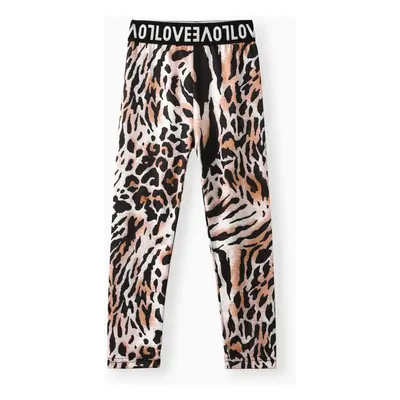 Kid Girl Letter Print Black/Leopard Print Leggings